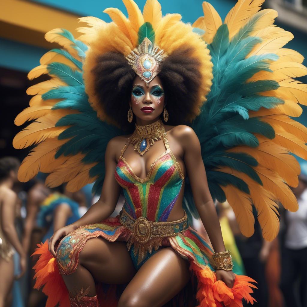 A stunning image of afro-brazilian glamour in a sophisticated carnival-themed costume bathed in vibrant light.