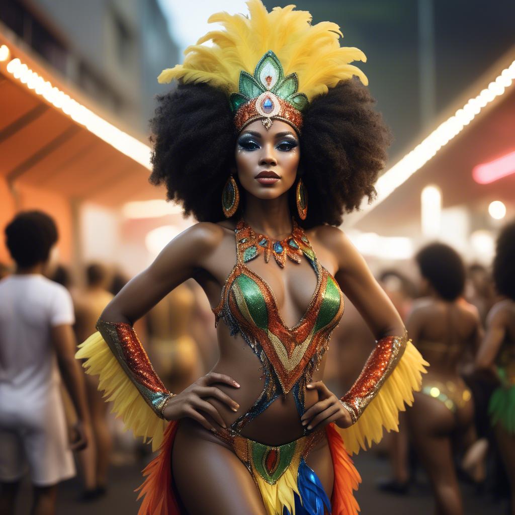 A stunning image of afro-brazilian glamour in a sophisticated carnival-themed costume bathed in vibrant light.