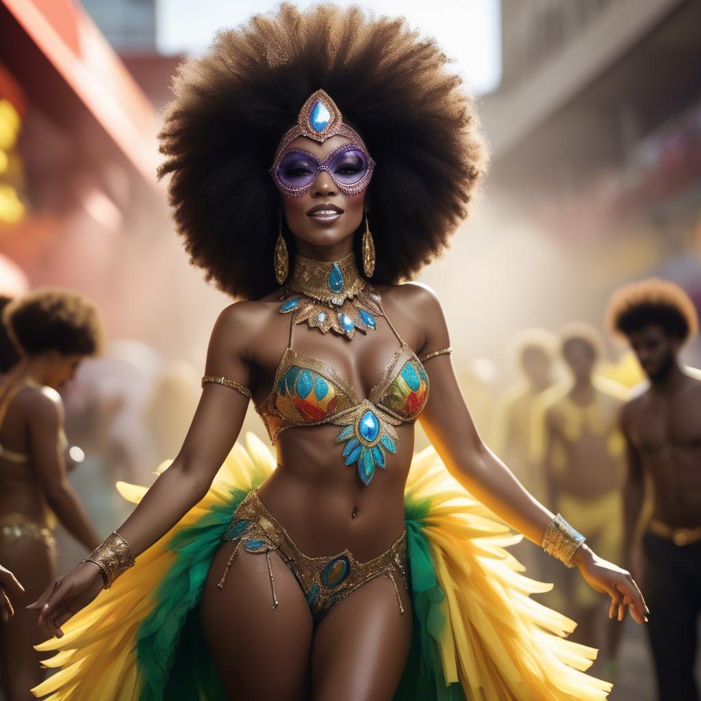 A stunning image of afro-brazilian glamour in a sophisticated carnival-themed costume bathed in vibrant light.