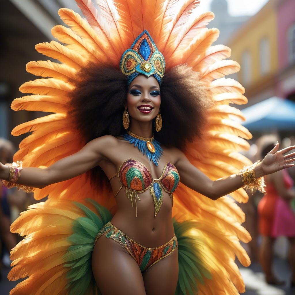 A stunning image of afro-brazilian glamour in a sophisticated carnival-themed costume bathed in vibrant light.