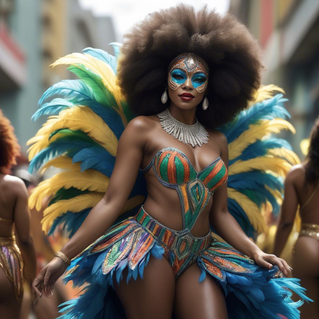 A stunning image of afro-brazilian glamour in a sophisticated carnival-themed costume bathed in vibrant light.