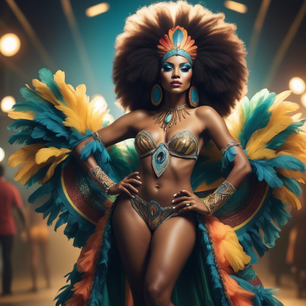 A stunning image of afro-brazilian glamour in a sophisticated carnival-themed costume bathed in vibrant light.