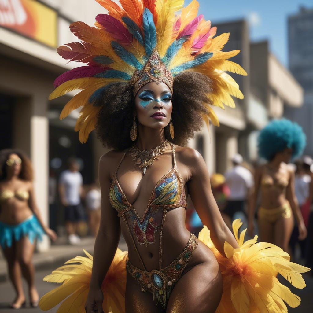 A stunning image of afro-brazilian glamour in a sophisticated carnival-themed costume bathed in vibrant light.