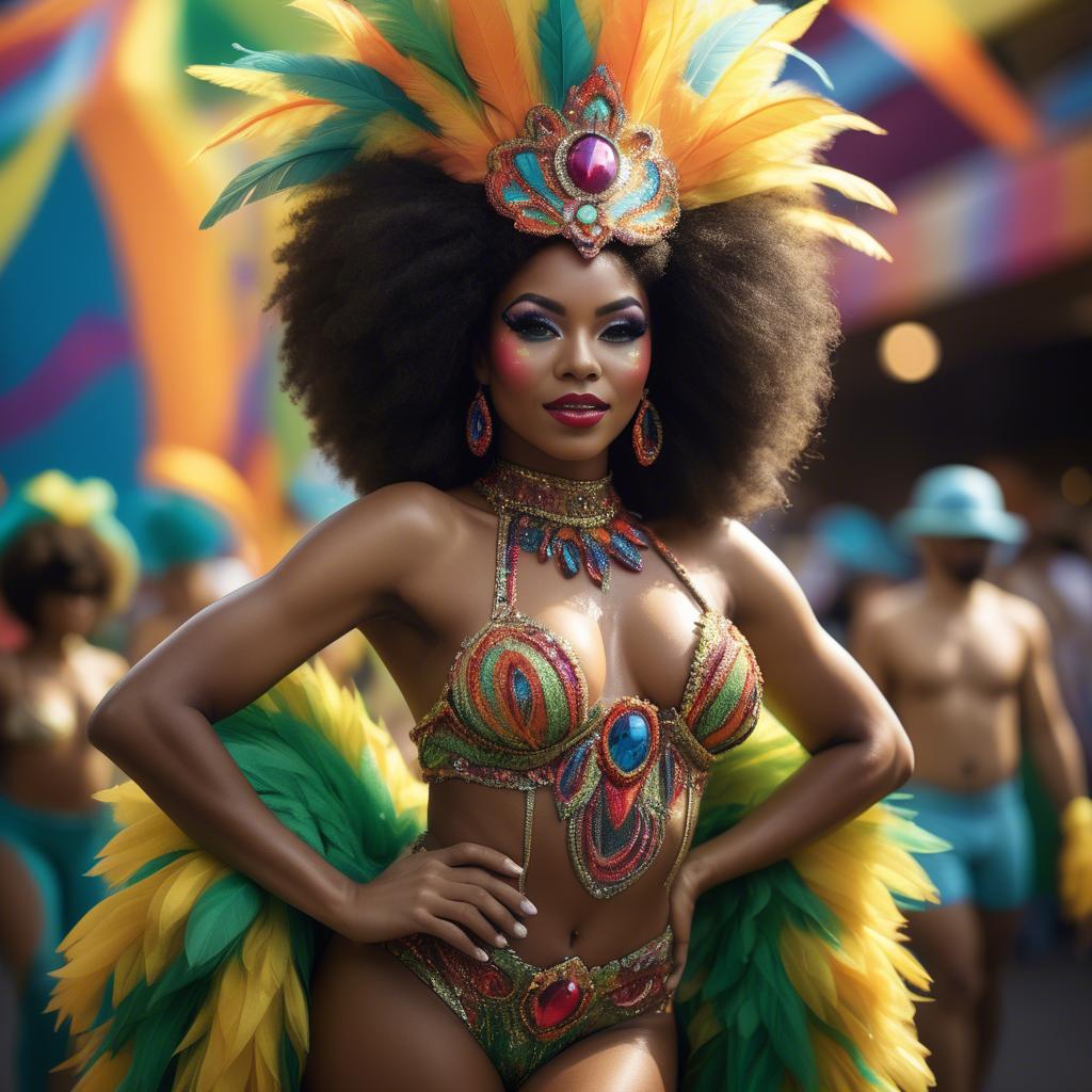 A stunning image of afro-brazilian glamour in a sophisticated carnival-themed costume bathed in vibrant light.