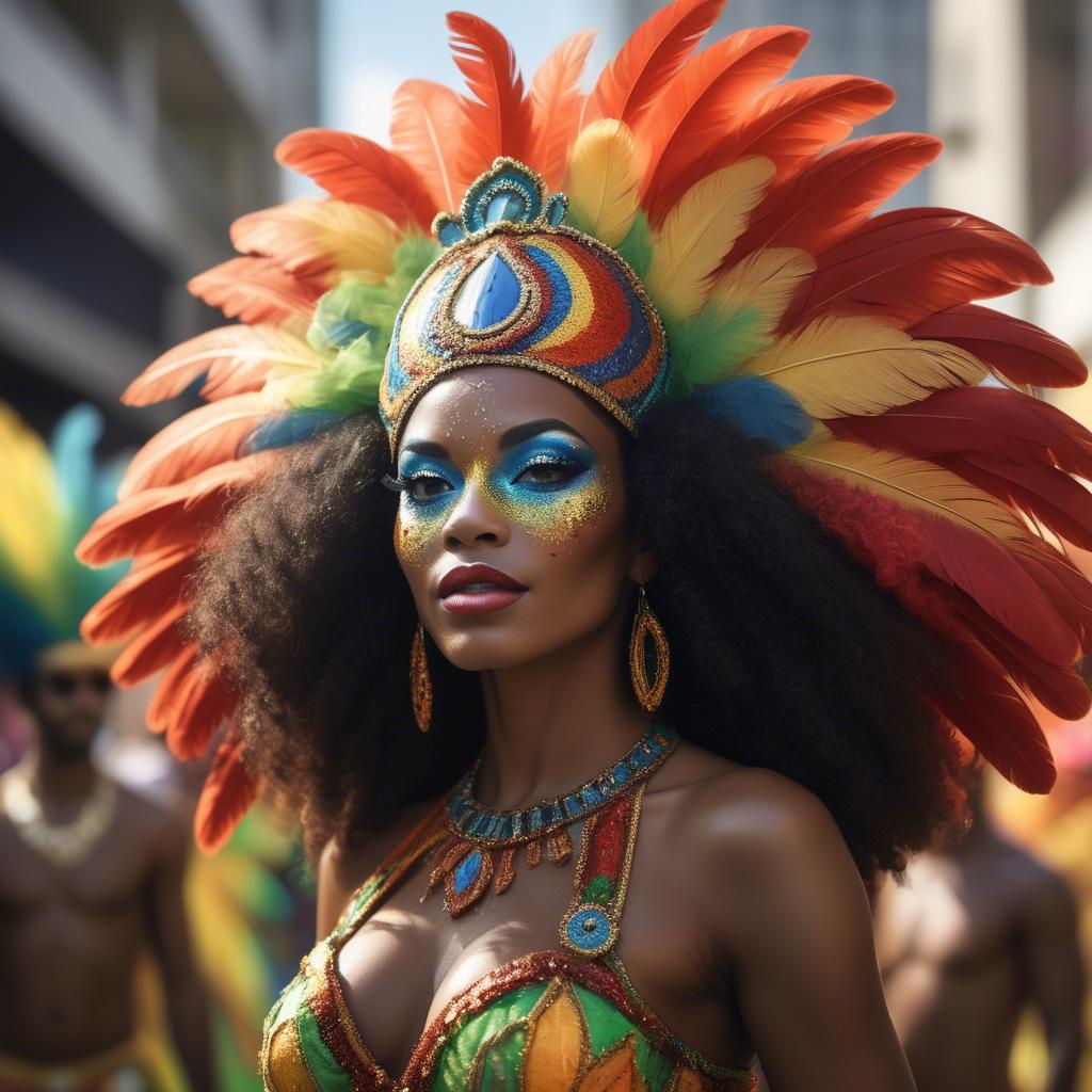 A stunning image of afro-brazilian glamour in a sophisticated carnival-themed costume bathed in vibrant light.