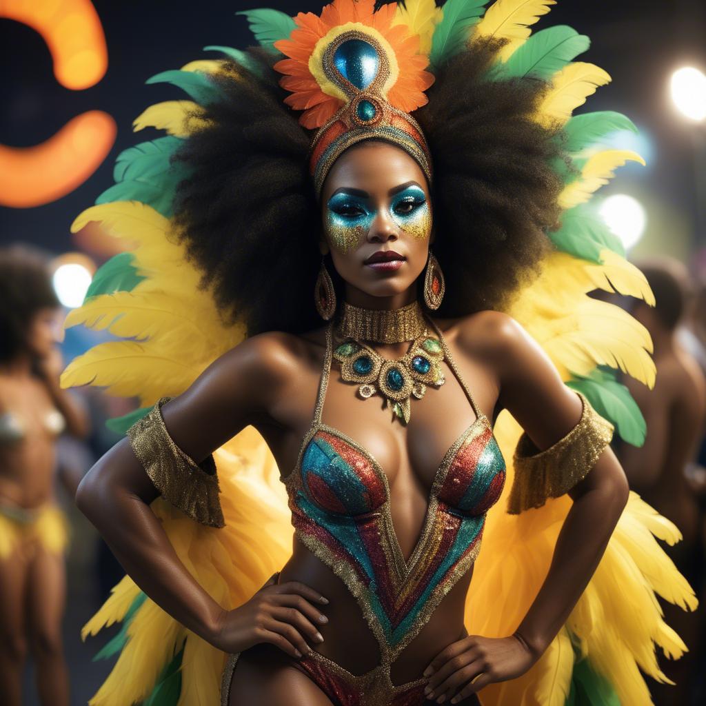 A stunning image of afro-brazilian glamour in a sophisticated carnival-themed costume bathed in vibrant light.