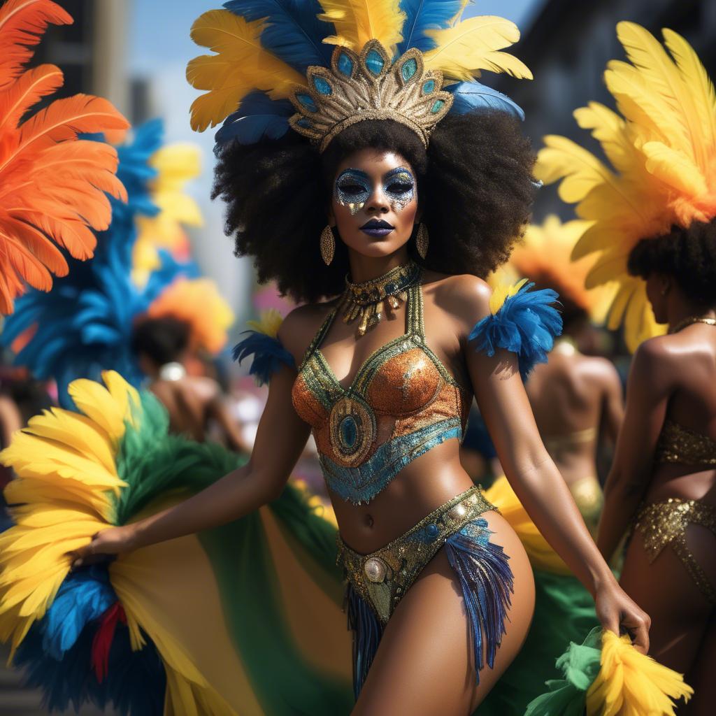 A stunning image of afro-brazilian glamour in a sophisticated carnival-themed costume bathed in vibrant light.
