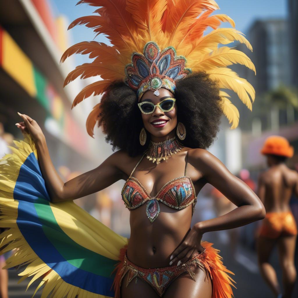 A stunning image of afro-brazilian glamour in a sophisticated carnival-themed costume bathed in vibrant light.
