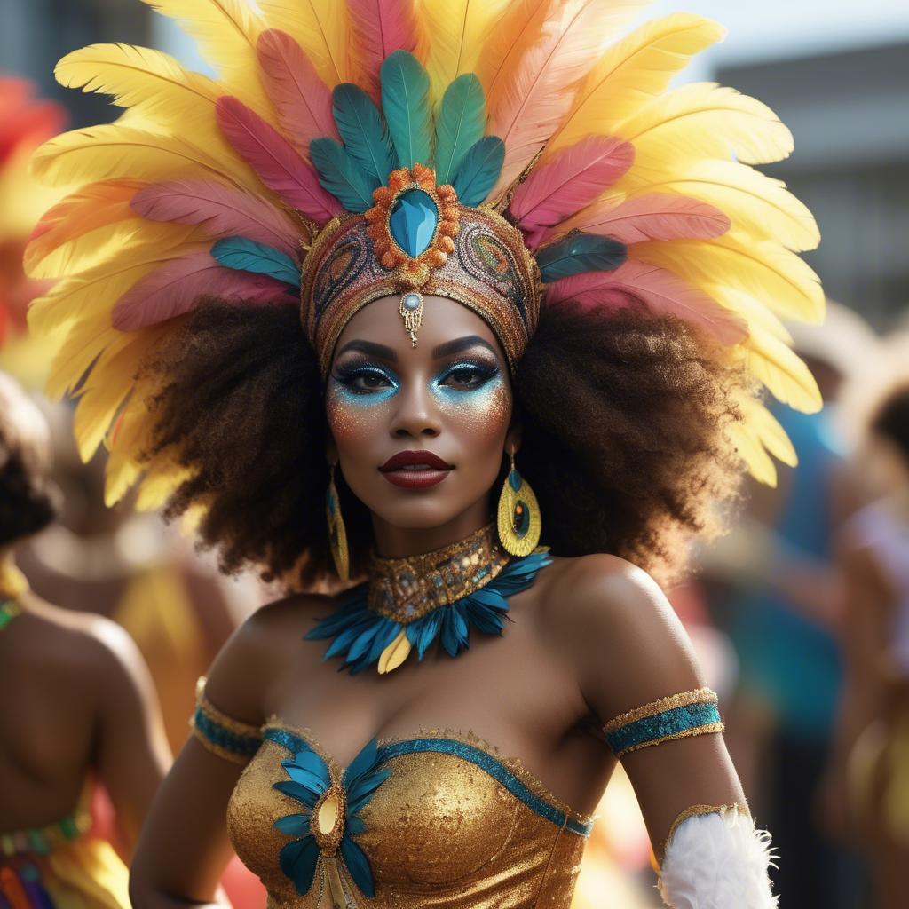 A stunning image of afro-brazilian glamour in a sophisticated carnival-themed costume bathed in vibrant light.
