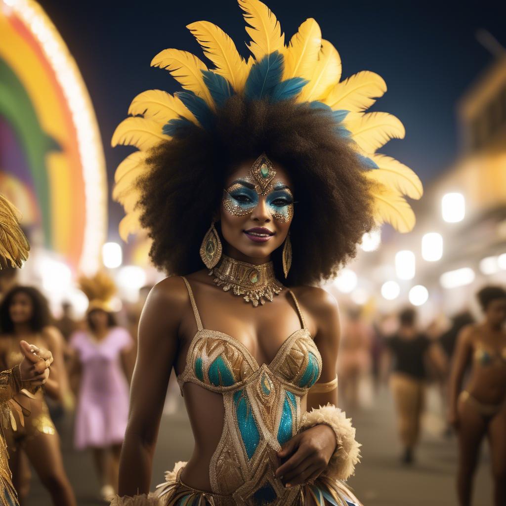 A stunning image of afro-brazilian glamour in a sophisticated carnival-themed costume bathed in vibrant light.