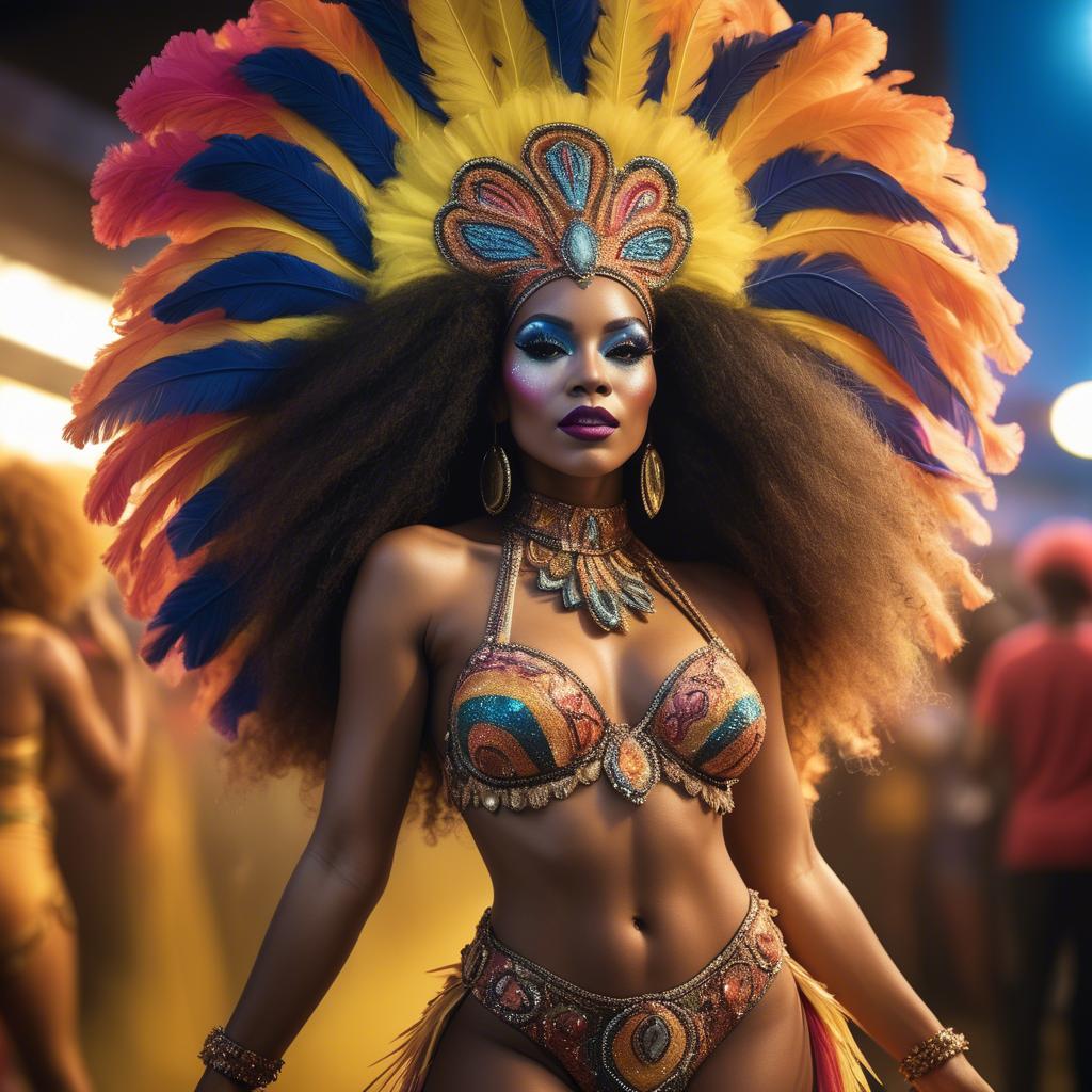 A stunning image of afro-brazilian glamour in a sophisticated carnival-themed costume bathed in vibrant light.