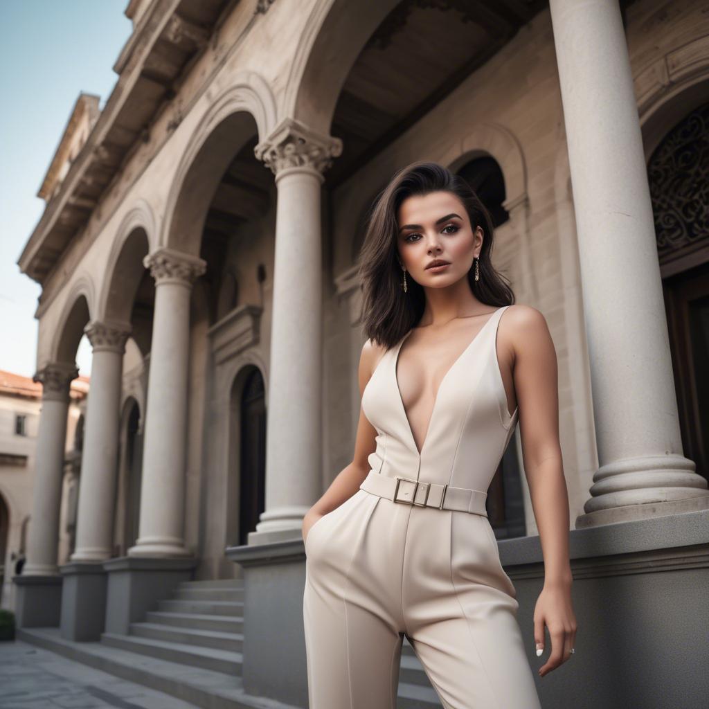 A stunning image of albanian starlet exuding confidence in a modern jumpsuit set against historic architecture.