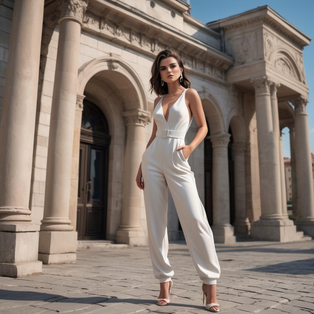 A stunning image of albanian starlet exuding confidence in a modern jumpsuit set against historic architecture.