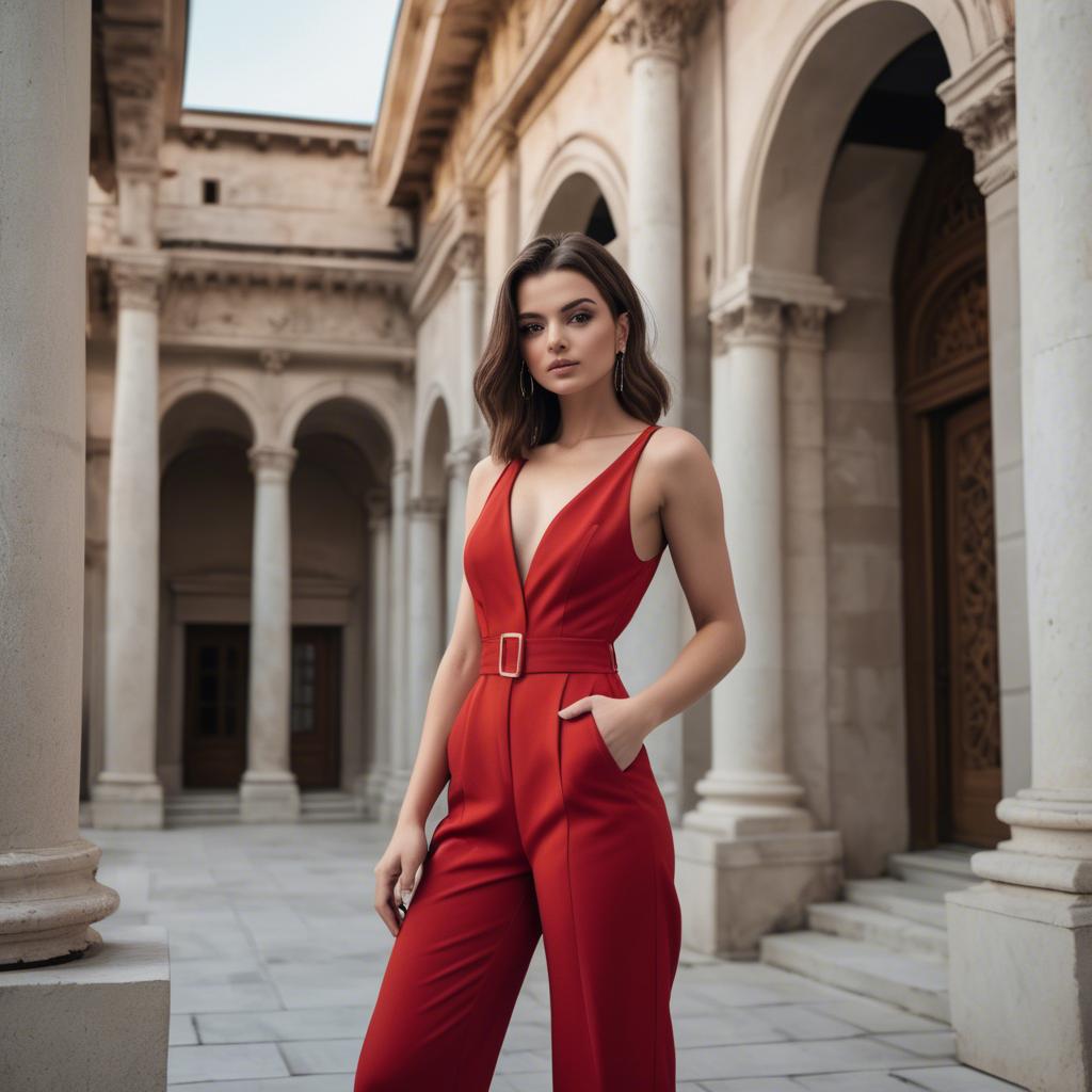 A stunning image of albanian starlet exuding confidence in a modern jumpsuit set against historic architecture.