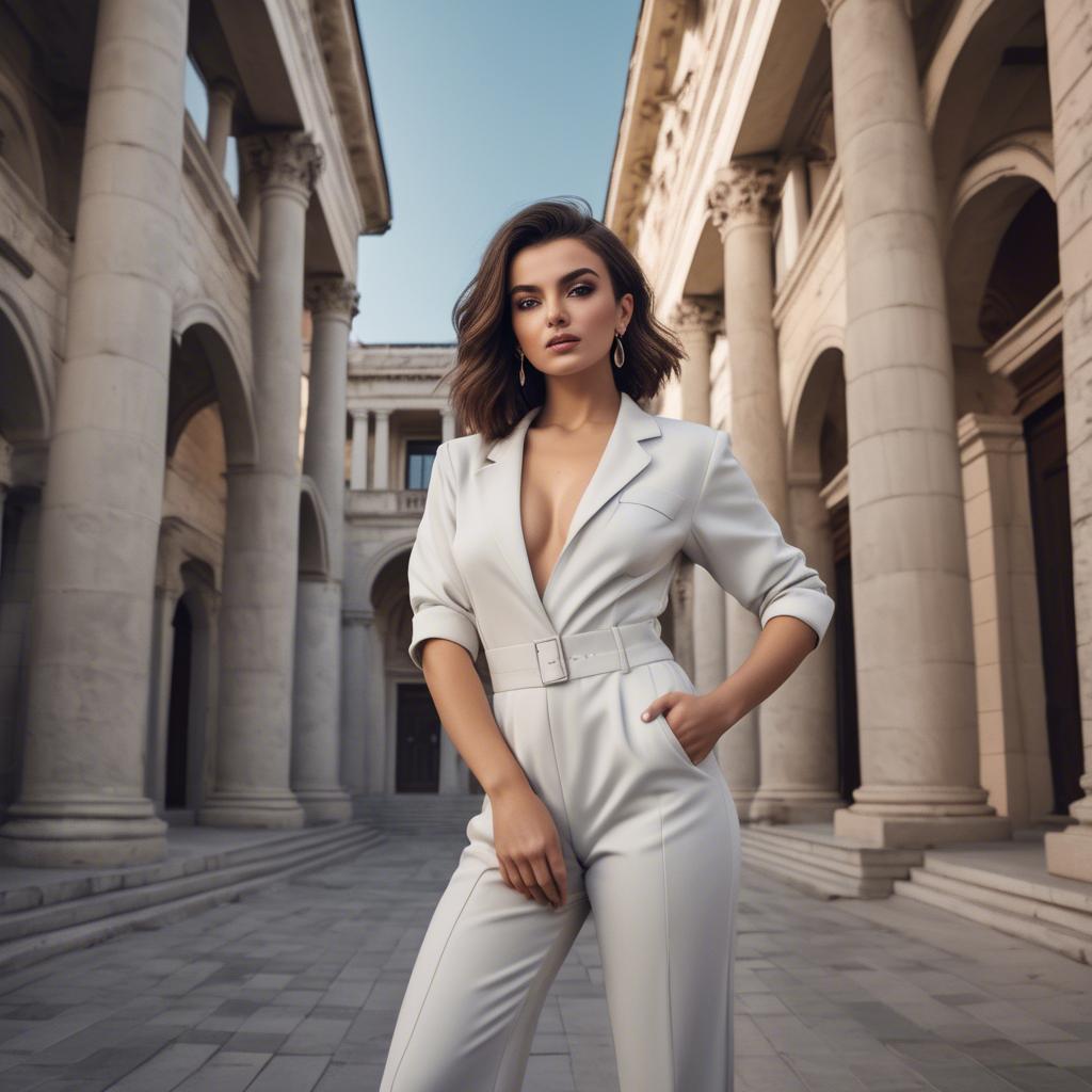 A stunning image of albanian starlet exuding confidence in a modern jumpsuit set against historic architecture.