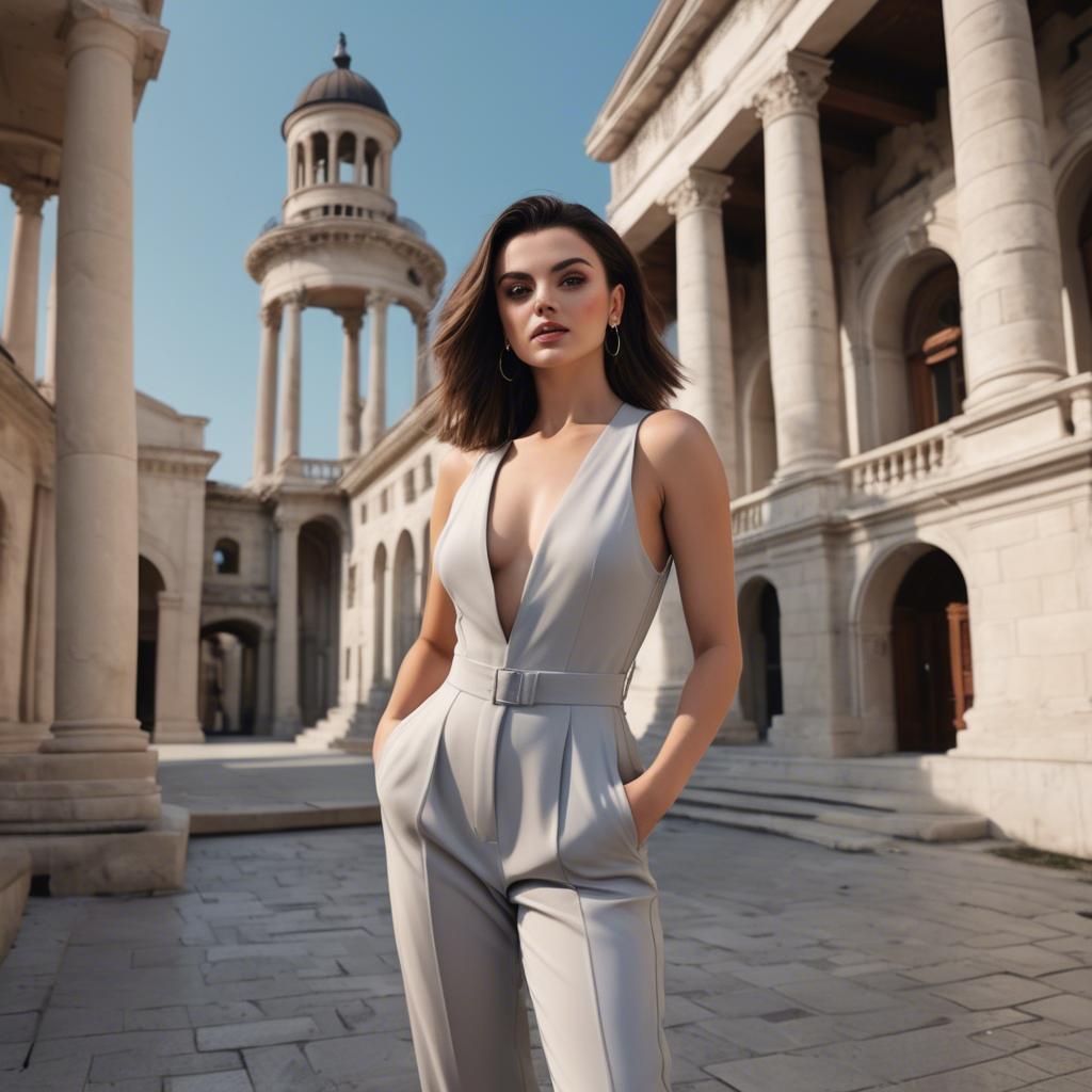 A stunning image of albanian starlet exuding confidence in a modern jumpsuit set against historic architecture.