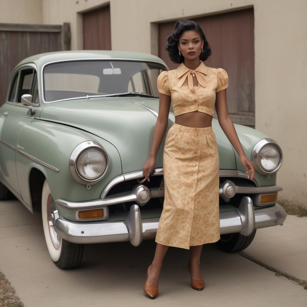 A stunning image of american model in a vintage-inspired set.
