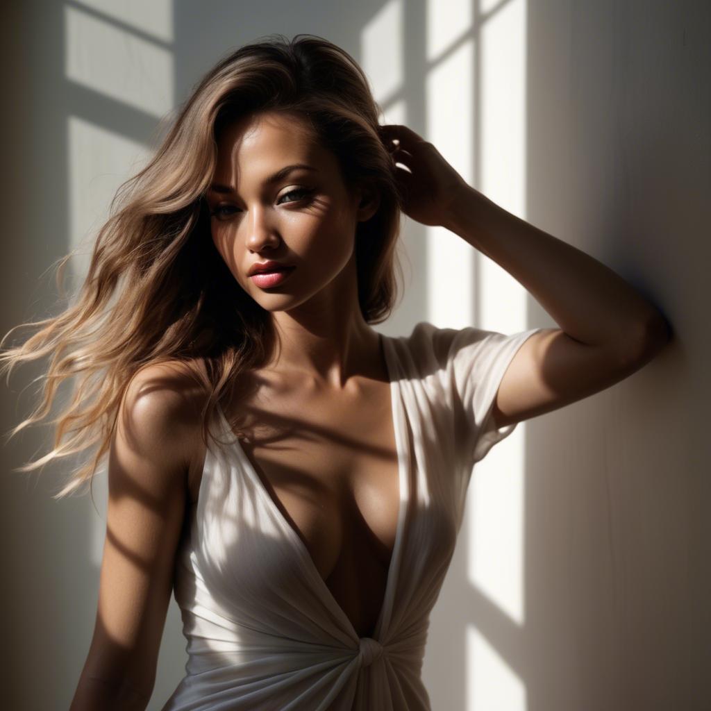 A stunning image of american model in soft flowing shadows.