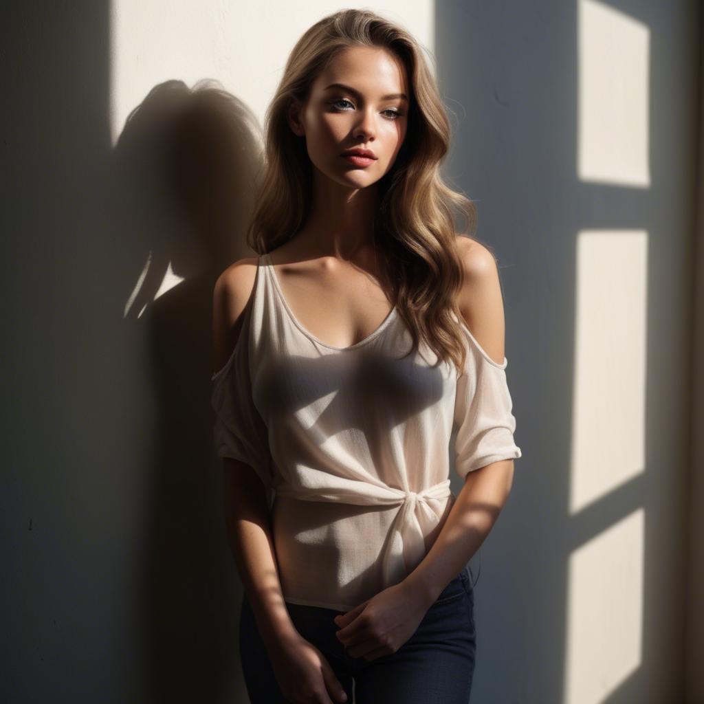 A stunning image of american model in soft flowing shadows.