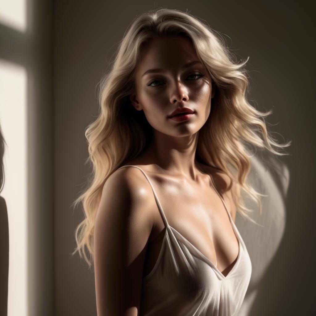 A stunning image of american model in soft flowing shadows.