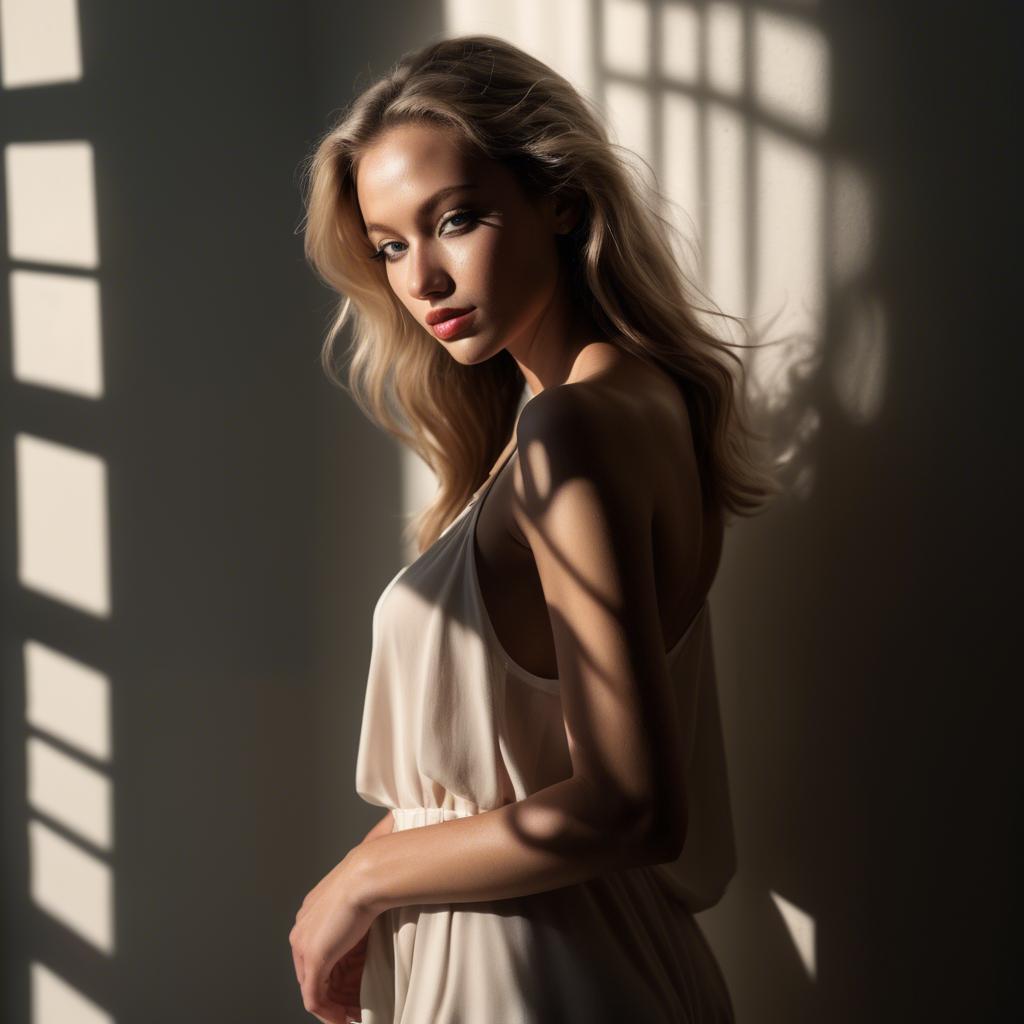 A stunning image of american model in soft flowing shadows.