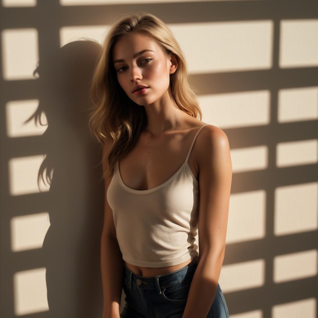 A stunning image of american model in warm shadows.