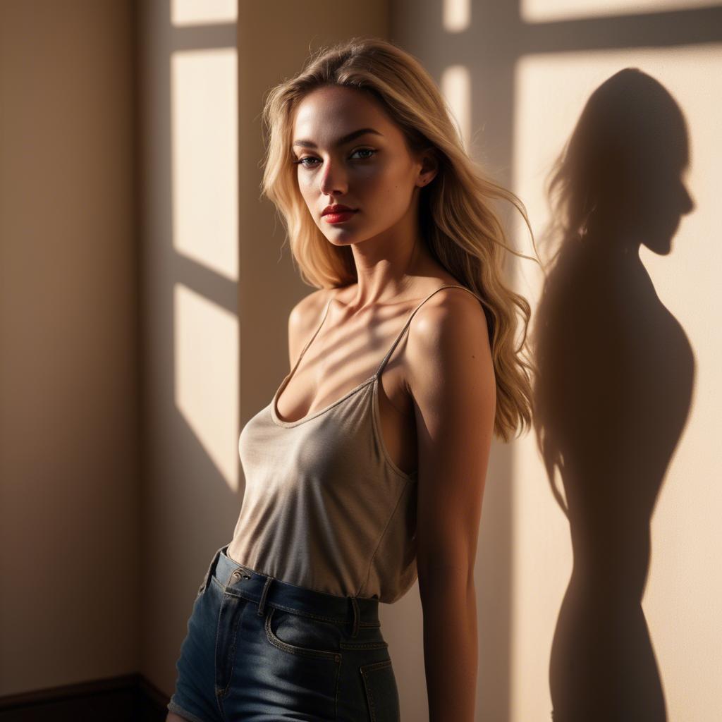 A stunning image of american model in warm shadows.