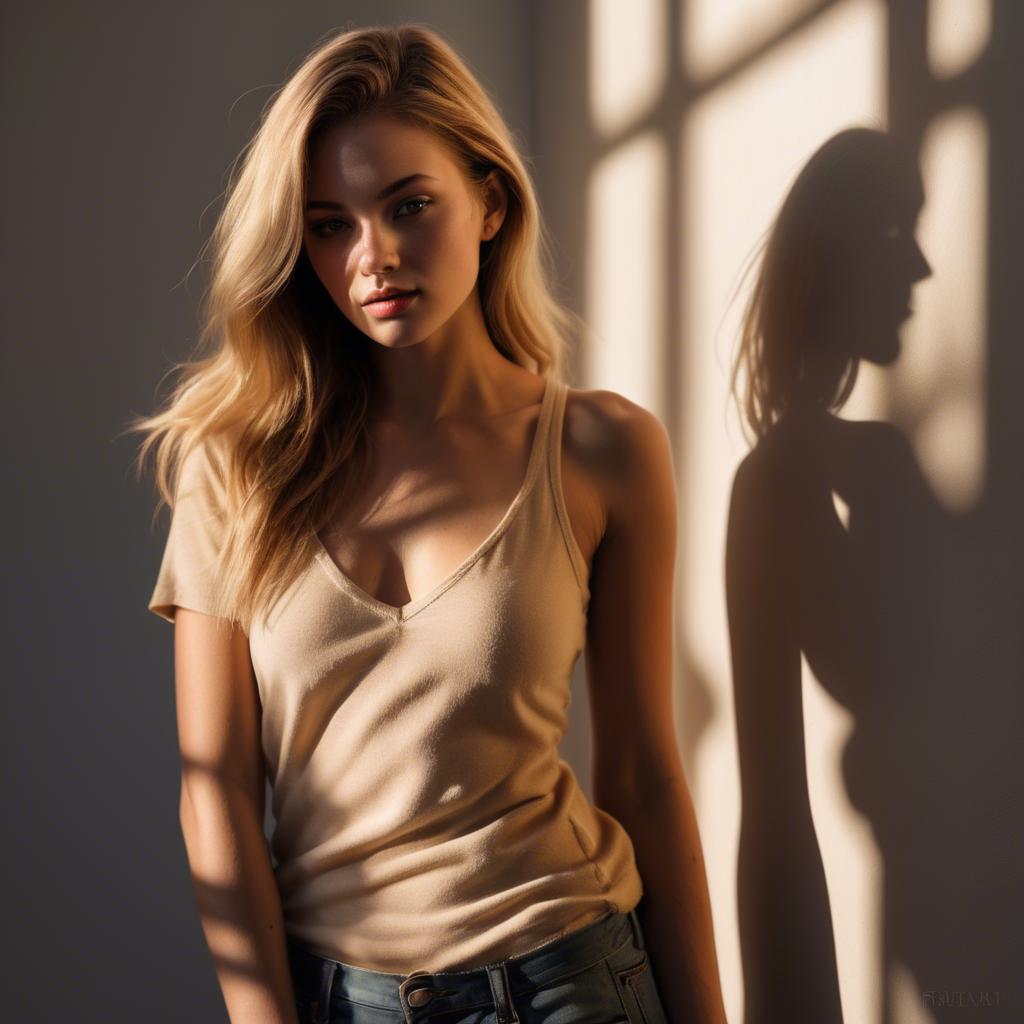 A stunning image of american model in warm shadows.