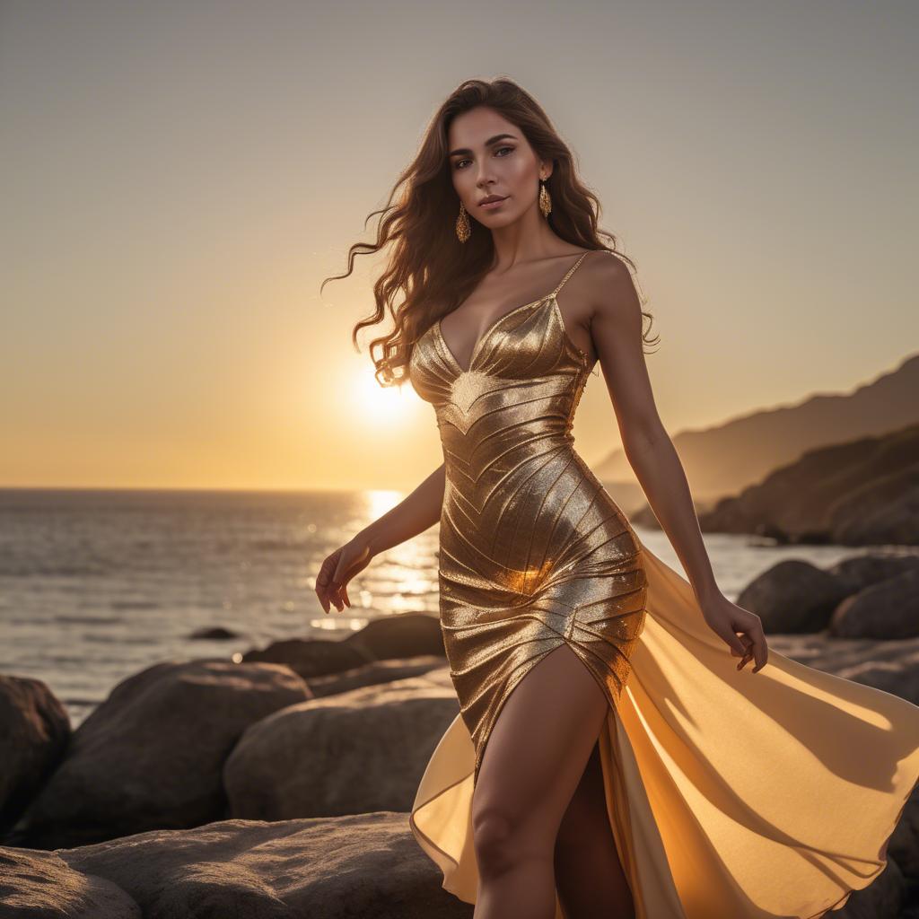 A stunning image of argentinian goddess in a figure-hugging cocktail dress lit by golden sunset rays.