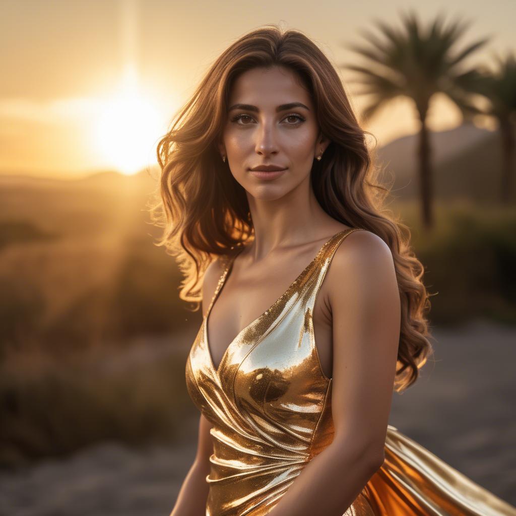 A stunning image of argentinian goddess in a figure-hugging cocktail dress lit by golden sunset rays.