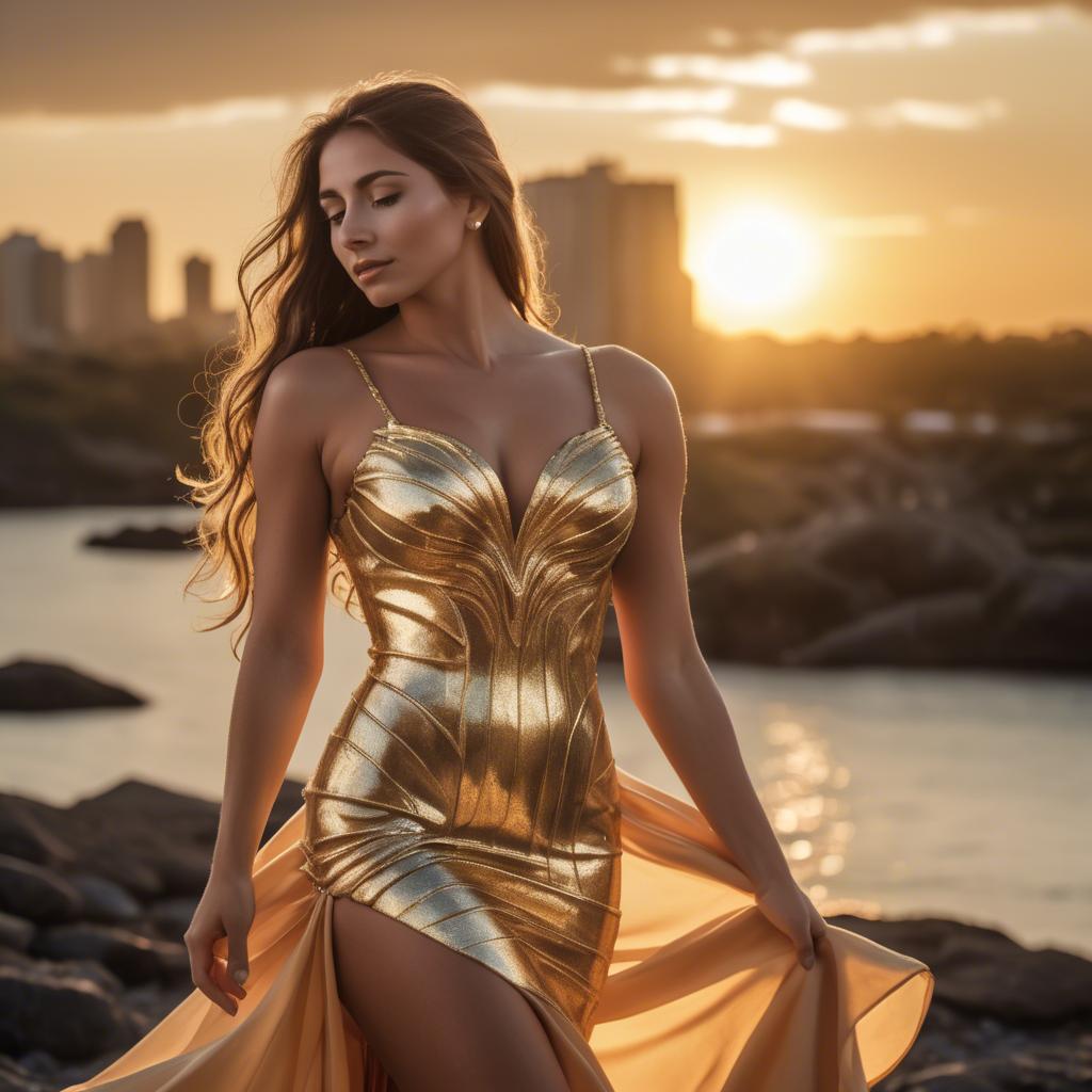 A stunning image of argentinian goddess in a figure-hugging cocktail dress lit by golden sunset rays.