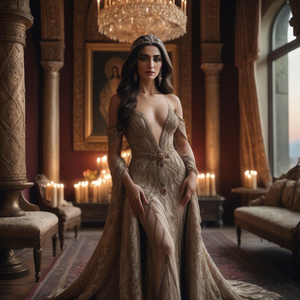 A stunning image of armenian goddess adorned in an embellished formal gown in a regal candlelit room.