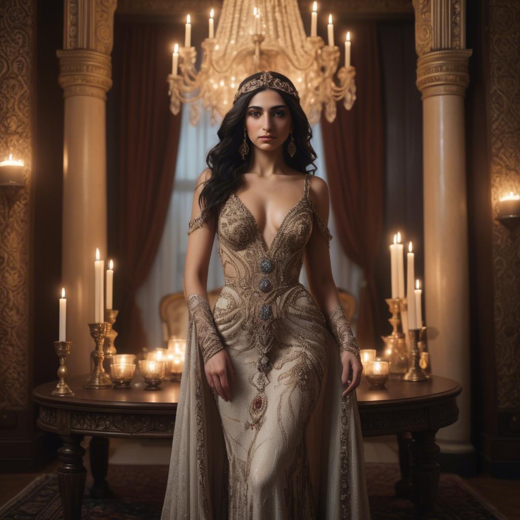 A stunning image of armenian goddess adorned in an embellished formal gown in a regal candlelit room.