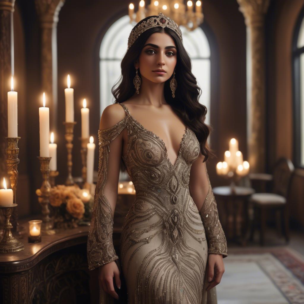 A stunning image of armenian goddess adorned in an embellished formal gown in a regal candlelit room.