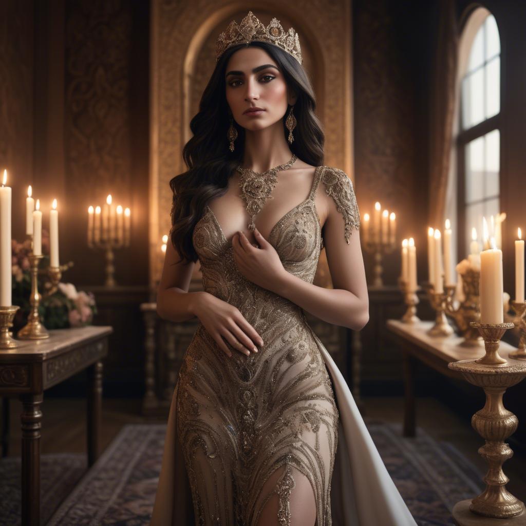 A stunning image of armenian goddess adorned in an embellished formal gown in a regal candlelit room.