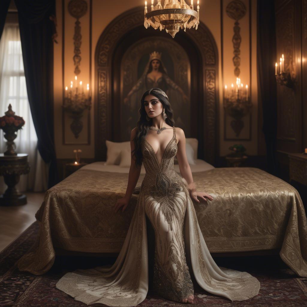 A stunning image of armenian goddess adorned in an embellished formal gown in a regal candlelit room.