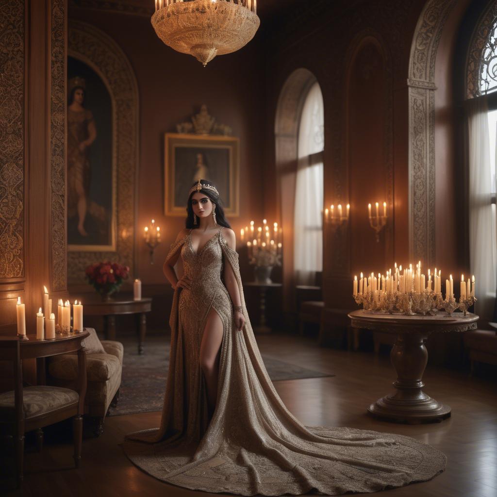 A stunning image of armenian goddess adorned in an embellished formal gown in a regal candlelit room.