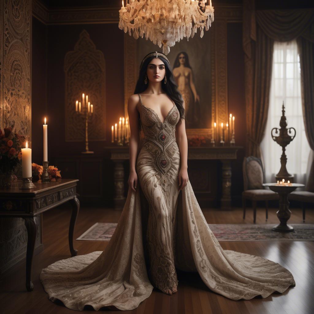 A stunning image of armenian goddess adorned in an embellished formal gown in a regal candlelit room.