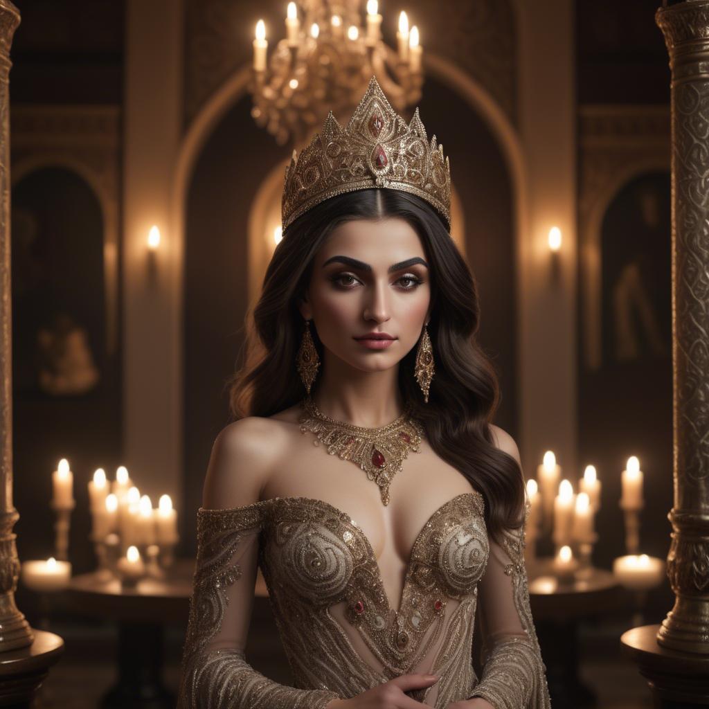 A stunning image of armenian goddess adorned in an embellished formal gown in a regal candlelit room.
