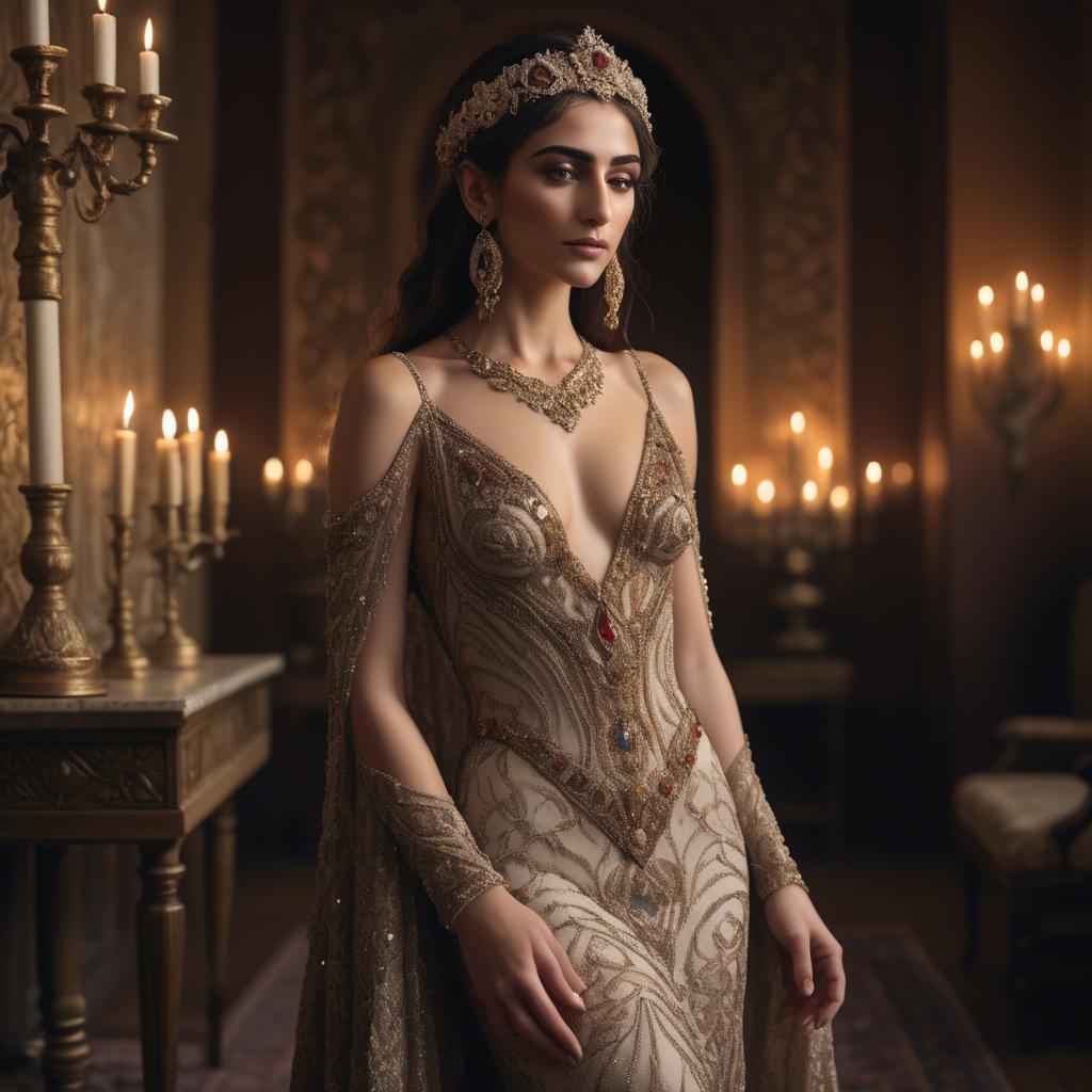 A stunning image of armenian goddess adorned in an embellished formal gown in a regal candlelit room.