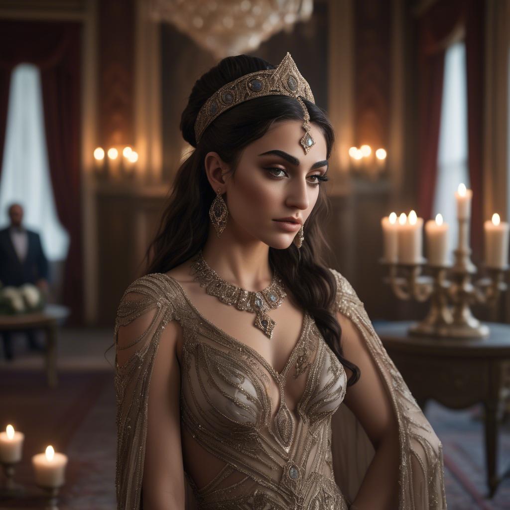 A stunning image of armenian goddess adorned in an embellished formal gown in a regal candlelit room.