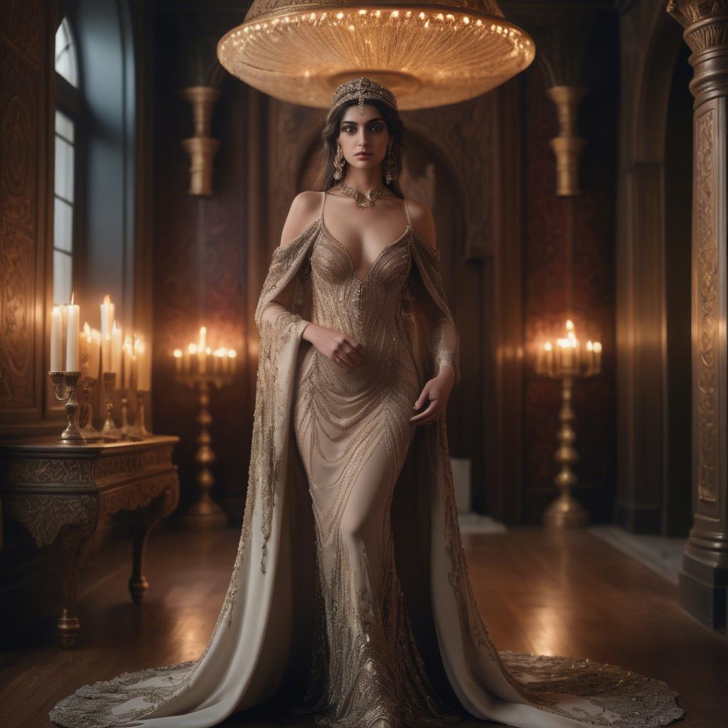 A stunning image of armenian goddess adorned in an embellished formal gown in a regal candlelit room.