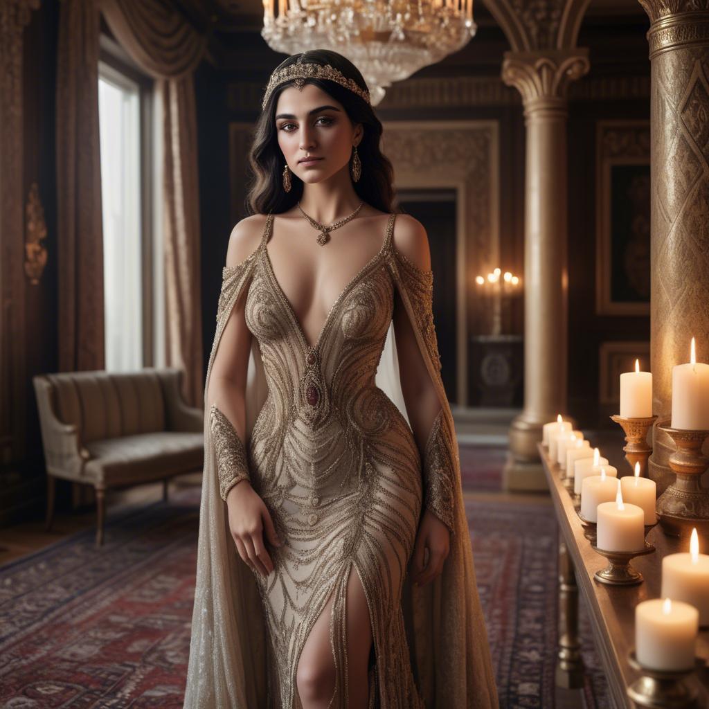 A stunning image of armenian goddess adorned in an embellished formal gown in a regal candlelit room.