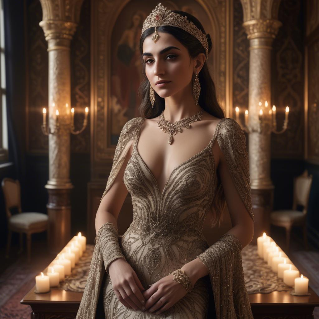A stunning image of armenian goddess adorned in an embellished formal gown in a regal candlelit room.