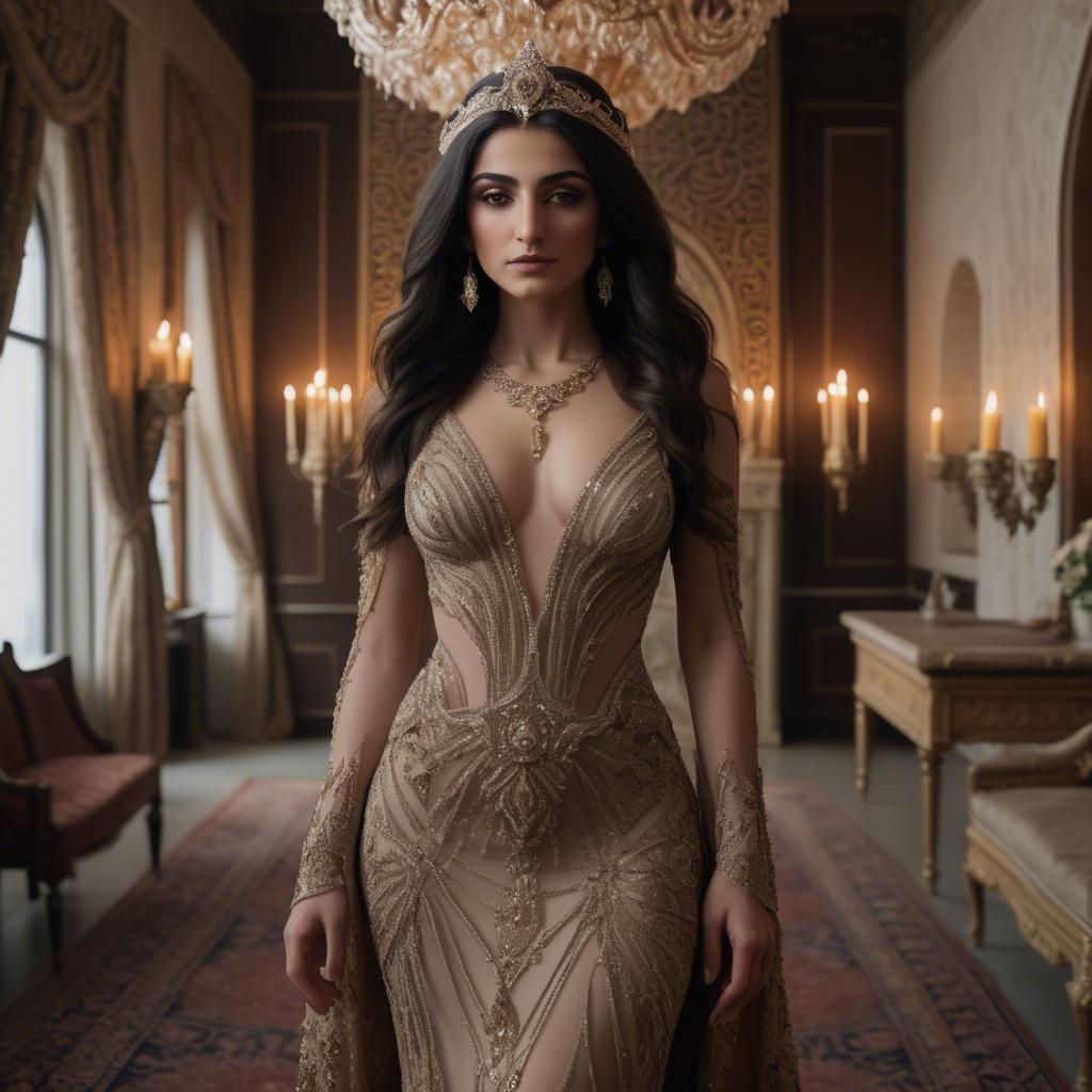 A stunning image of armenian goddess adorned in an embellished formal gown in a regal candlelit room.