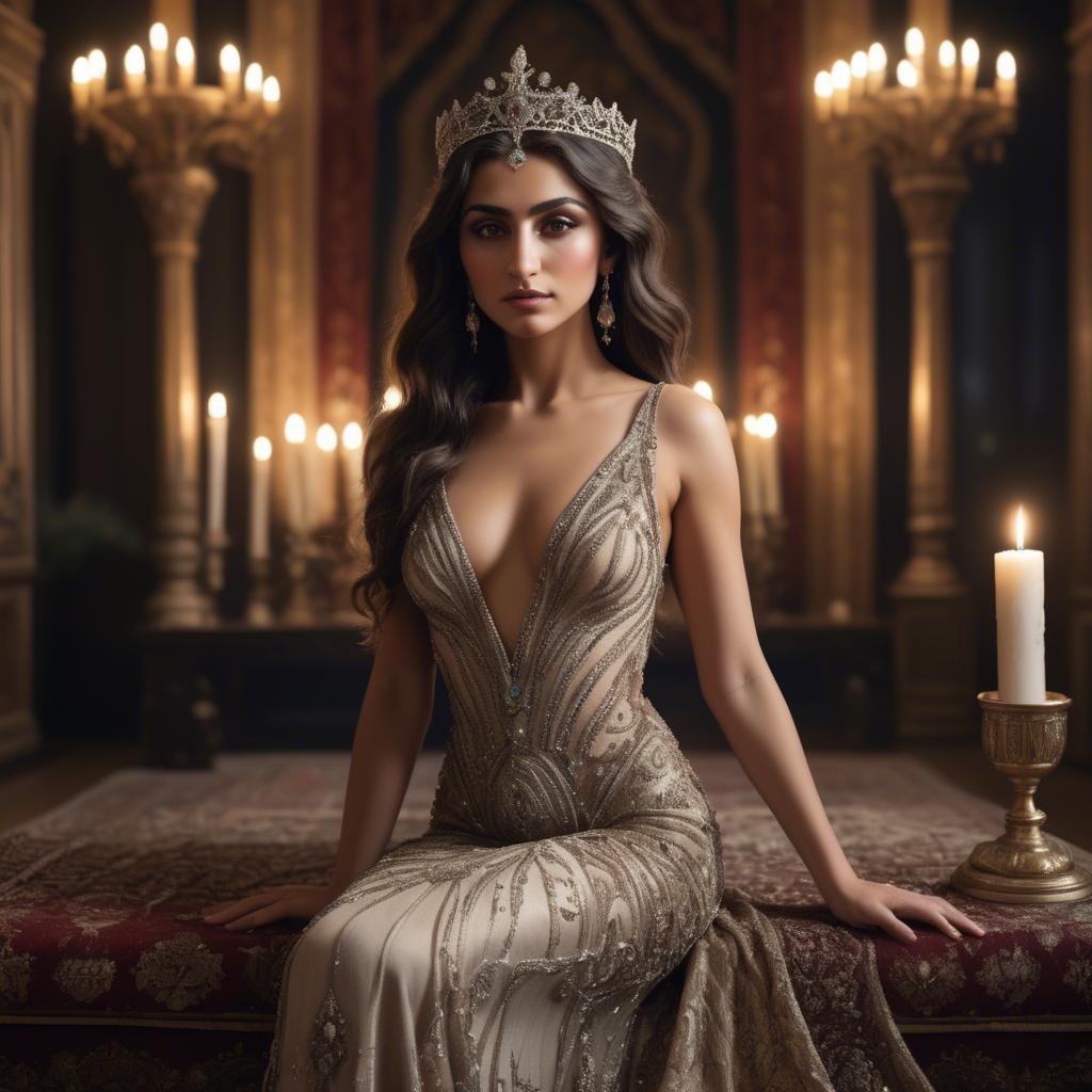A stunning image of armenian goddess adorned in an embellished formal gown in a regal candlelit room.