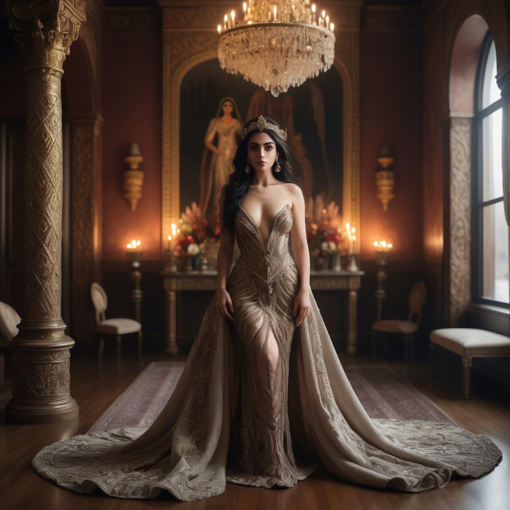 A stunning image of armenian goddess adorned in an embellished formal gown in a regal candlelit room.