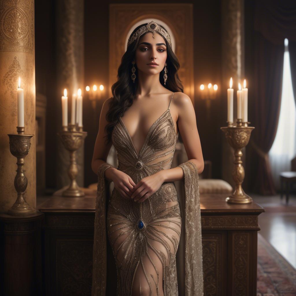 A stunning image of armenian goddess adorned in an embellished formal gown in a regal candlelit room.