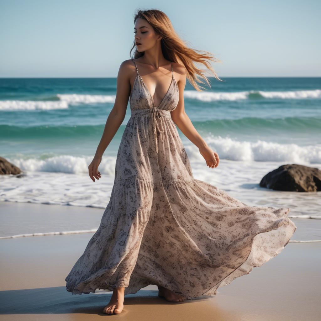 A stunning image of australian beach babe adorned in a flowing maxi dress kissed by gentle ocean breezes.