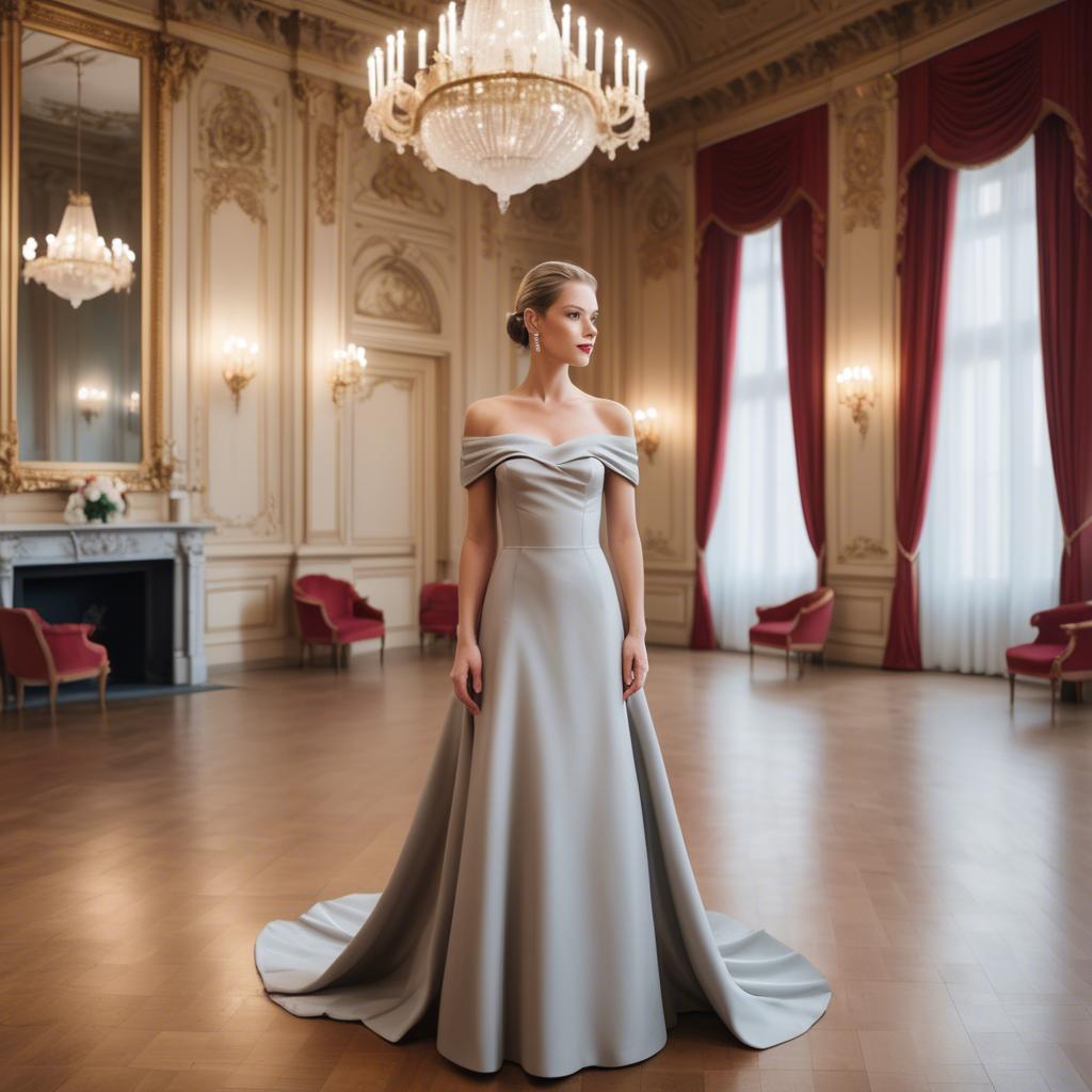 A stunning image of austrian elegance in a grand ballroom donning a sophisticated off-the-shoulder dress.